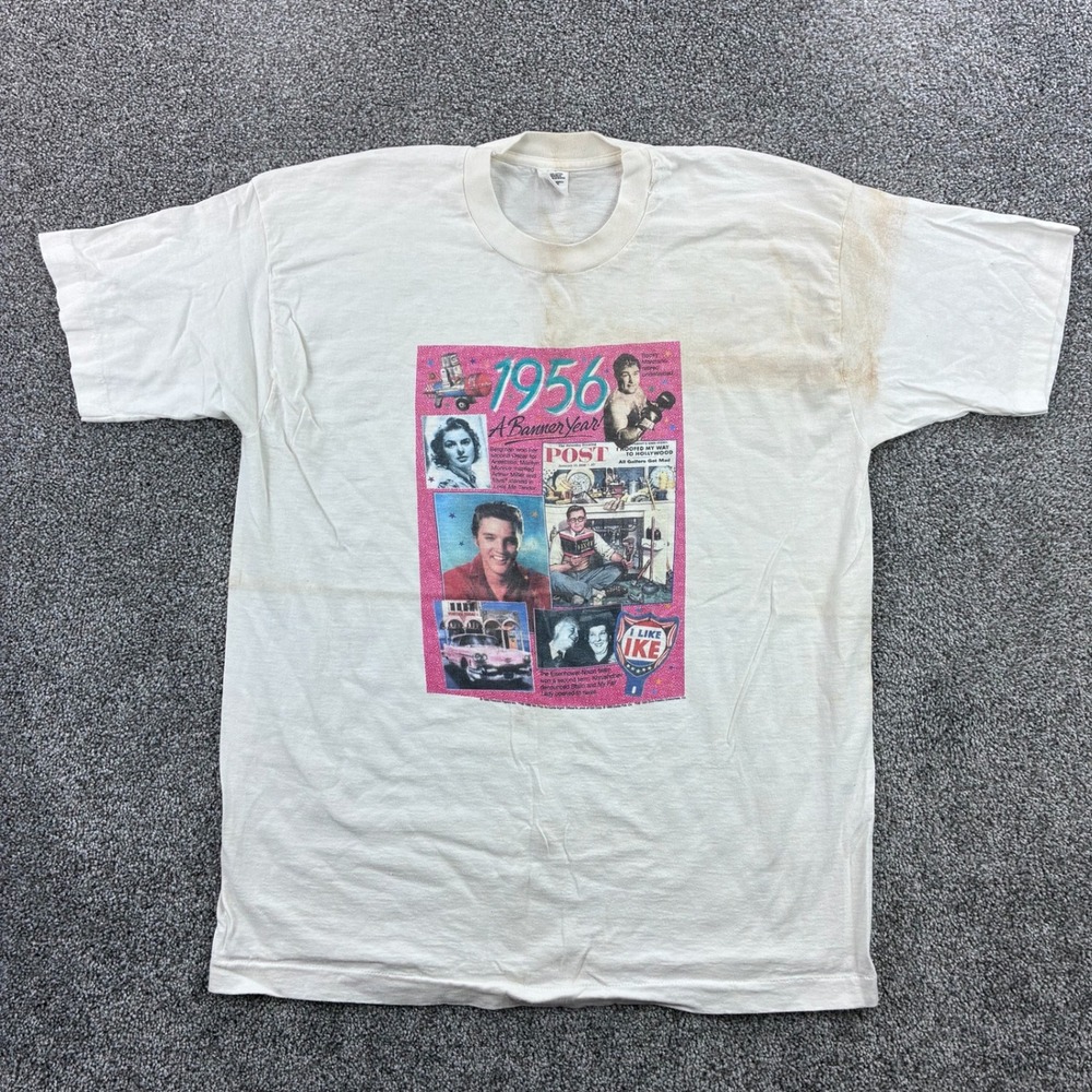 Vintage Elvis Presley Shirt Mens XL White 1956 A Banner Year Stamp Pop Culture‎